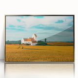 Art Deco style poster of a European scenery in Denmark, with muted gold and blue tones, framed in acrylic.