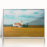 Mid-century modernist art depicting a serene Danish landscape in muted earth tones on a framed acrylic print.