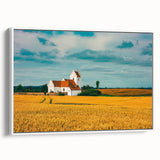 Vintage poster art of a European Denmark scenery on extra large framed canvas, featuring colorful art on a black background.