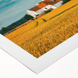 Art deco poster of a serene Danish landscape, featuring soft pastel colors on rolled canvas, ideal for dining room decor.