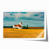 Rolled print of a Danish landscape featuring muted green and blue tones, ideal for dining room wall art.