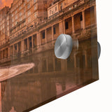 Large abstract wall art depicting a mid-century modernist scene of Bath, England, in muted earth tones on acrylic glass.
