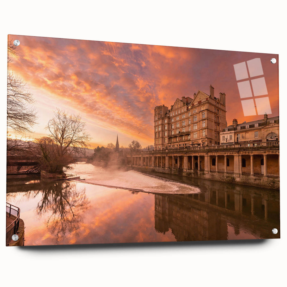 Acrylic print of a European cityscape in muted earth tones, ideal for dining room decor.