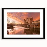 Colorful abstract art print of a European scenery in Bath, England, with textured details on a large black-framed canvas.