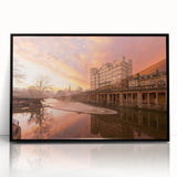 Large abstract wall art depicting a European scenery in Bath, England, in muted earth tones on a black framed acrylic print.