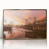 Art Deco poster depicting Bath, England, in muted gold tones on framed acrylic, ideal for modern art wall decor.