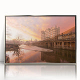 Framed acrylic print of a mid-century modernist European cityscape in muted colors, ideal for modern art wall decor.