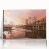 Mid-century modernist art depicting the Bath, England skyline in muted blue and gray tones on framed acrylic.