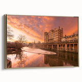 Framed canvas depicting a vintage-style landscape of Bath, England, in black and gold tones, ideal for bedroom wall art.