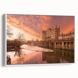 Vintage poster art of Bath, England, depicted in colorful art on a large framed canvas, ideal for living room decor.