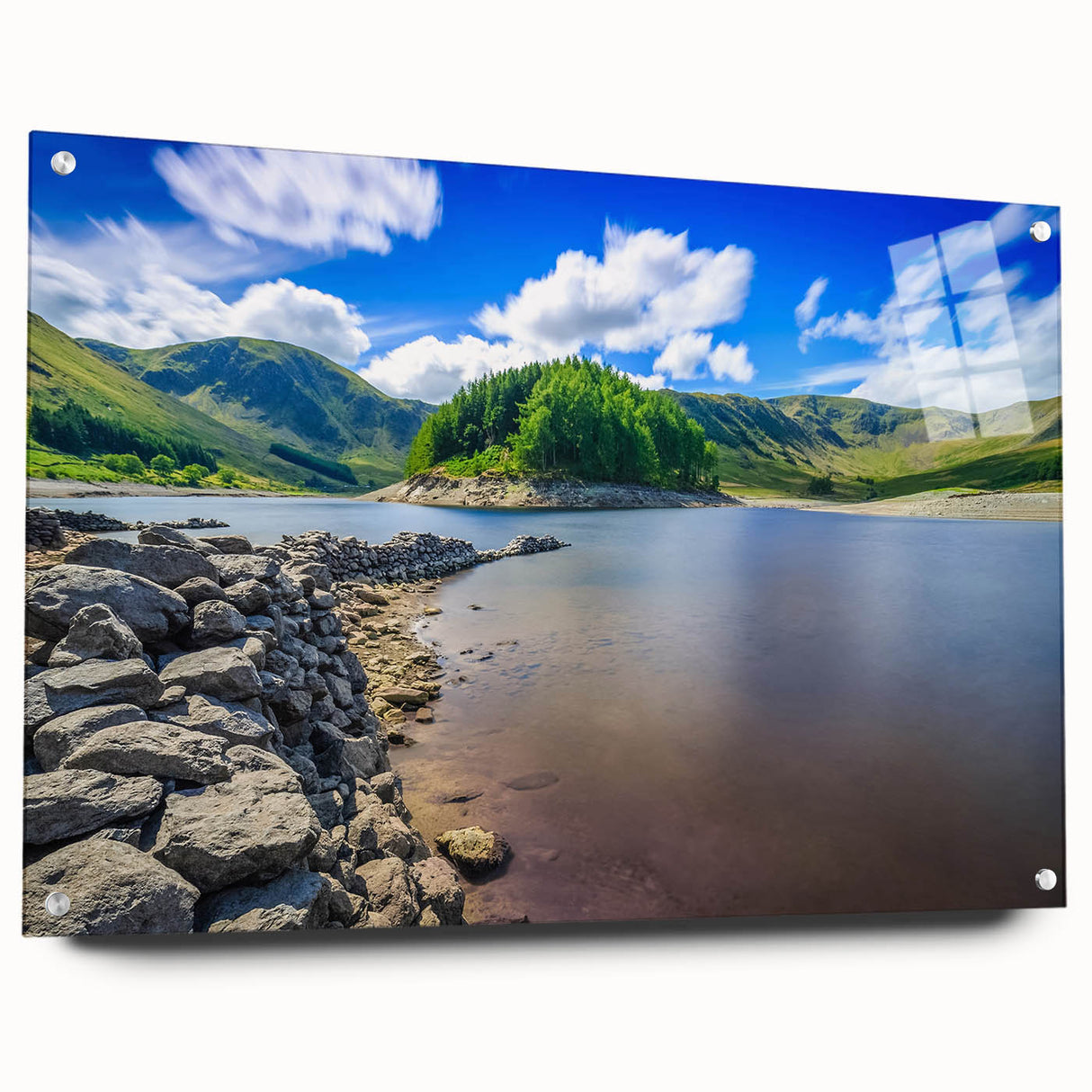 Acrylic print of Cumbria, England, featuring serene lake and distant mountains, ideal for bedroom or dining room decor.