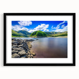Extra large abstract art print featuring colorful textured scenery of Cumbria, England in a black frame.
