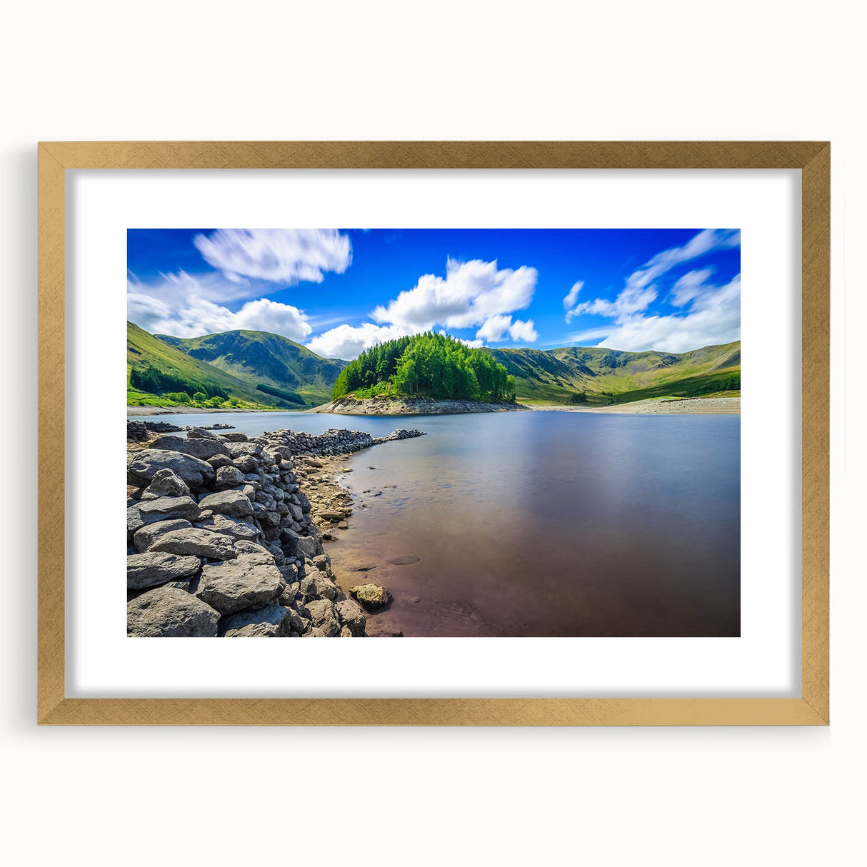 Abstract art print of a European scenery in Cumbria with muted earth tones, framed in gold, ideal for dining room decor.