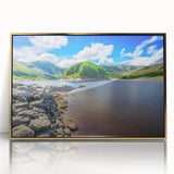 Art deco poster depicting a serene Cumbria landscape in soft green and blue tones, acrylic print in a gold frame.