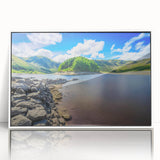 Mid-century modernist art depicting Cumbria's landscape in muted colors on a framed acrylic, suitable for nursery wall art.