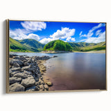 Framed canvas depicting a muted landscape of Cumbria with subtle gold accents, ideal for bedroom wall art.