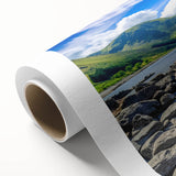 Art deco poster of Cumbria landscape in muted green and blue tones on rolled canvas, ideal for nursery wall art.