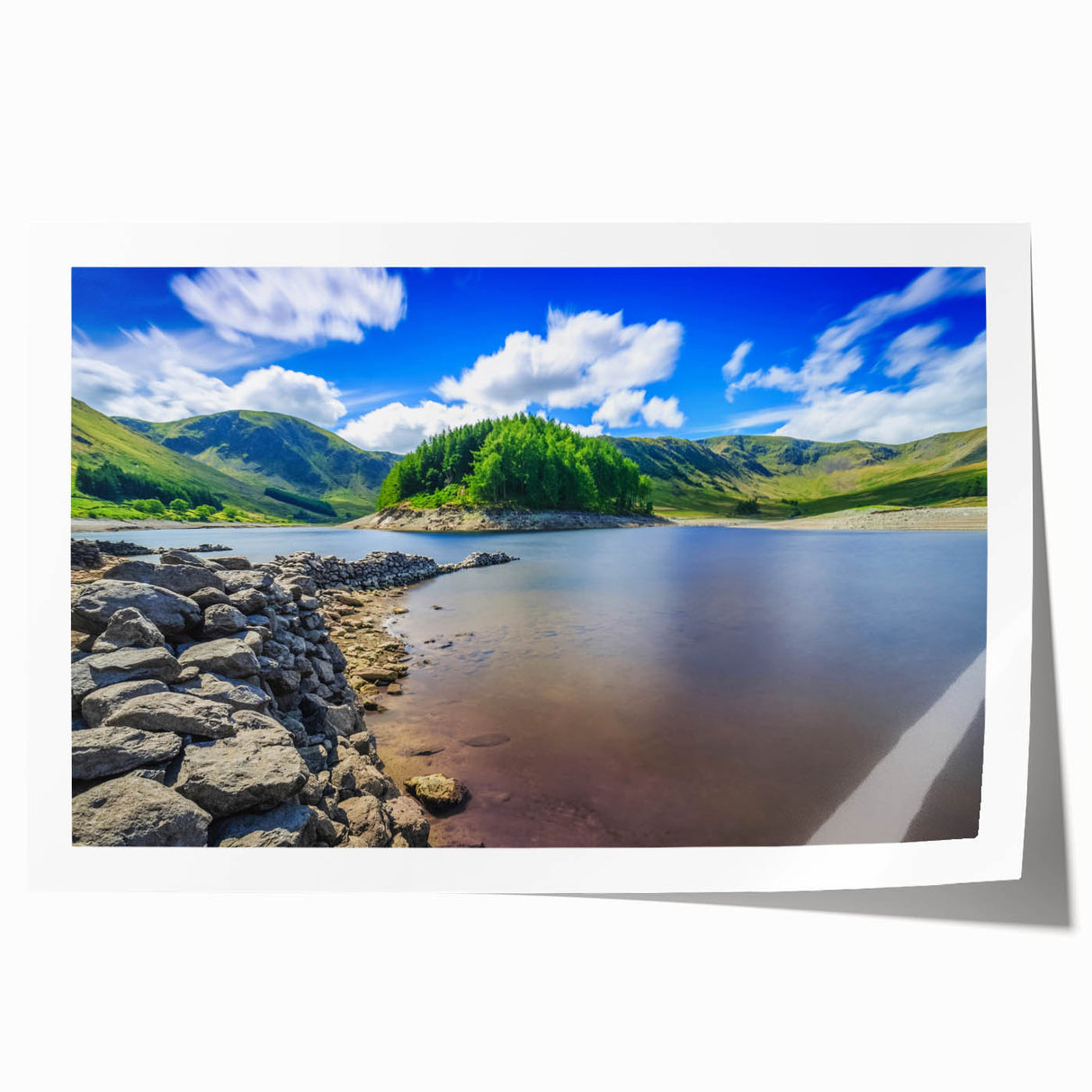 Extra large rolled print of Cumbria landscape with floral elements in soft green and blue tones.