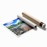 Scenic Cumbria landscape with vibrant green hills and clear skies on a large rolled canvas.