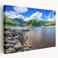 Large art depicting a serene Cumbria landscape on stretched canvas, with soft green and blue tones.