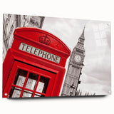 Acrylic print of London skyline in muted gray and blue tones, suitable for dining room decor.