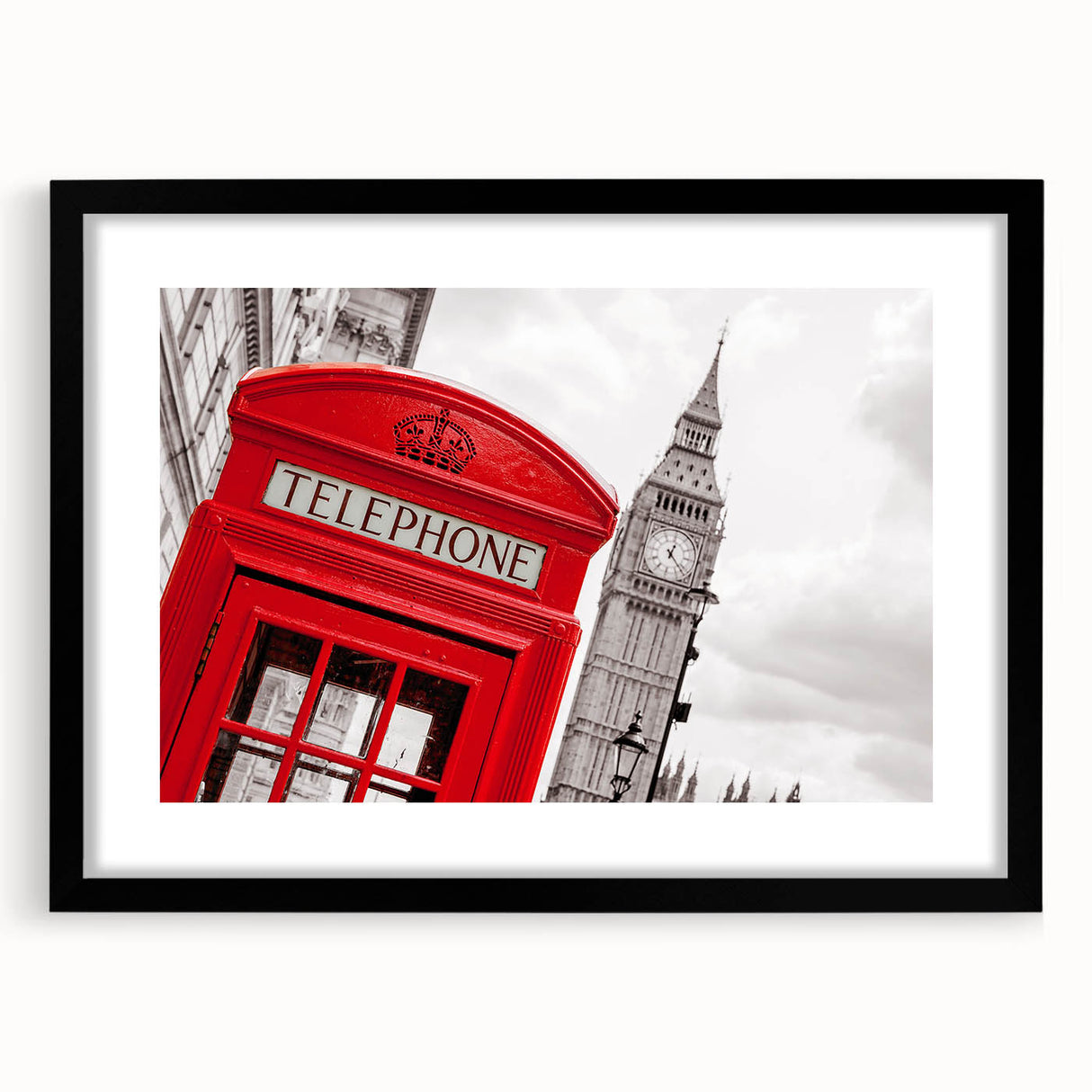 Extra large abstract art print of colorful, textured London scenery on a black framed canvas, ideal for living room decor.