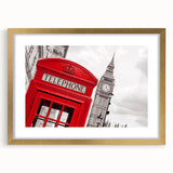 Abstract art print of London skyline in gold frame, featuring muted earth tones, ideal for dining room decor.
