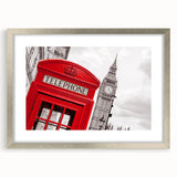 Extra large abstract art print of London scenery in muted gray and blue tones, framed in silver, ideal for living room decor.