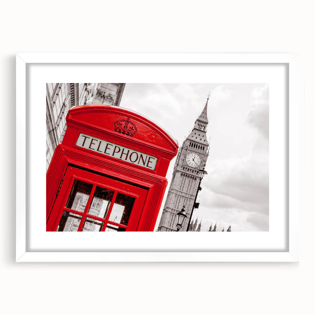 Textured art print of an abstract London skyline in muted gray and blue tones, framed with a white mat.