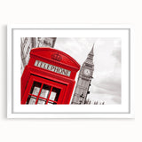 Textured art print of an abstract London skyline in muted gray and blue tones, framed with a white mat.