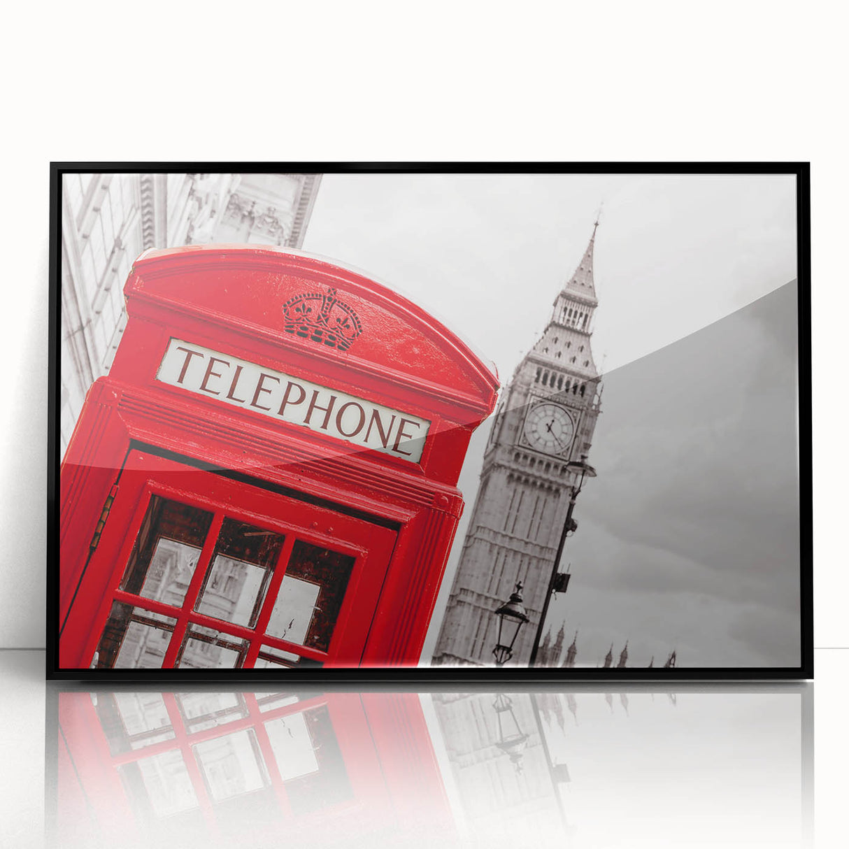 Large abstract wall art depicting the London skyline in muted gray and blue tones, framed in black acrylic.