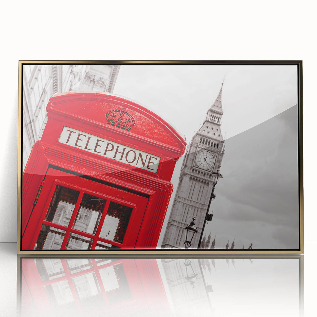 Art deco poster of London scenery on framed acrylic, with gold tones, ideal for modern art wall decor.