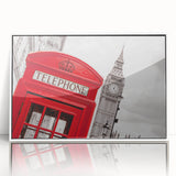 Mid-century modernist art depicting London scenery in muted gray tones on a white acrylic framed print.