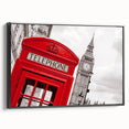 Black and white vintage poster art of London landscape on framed canvas, ideal for bedroom wall decor.