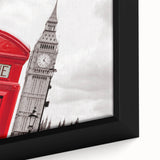 Extra large framed canvas of a textured, colorful London skyline on a black background, ideal for living room decor.