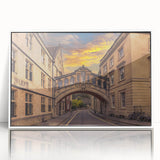 Mid-century modernist art depicting Oxford's scenic architecture in muted earth tones on a framed acrylic.