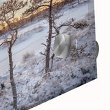 Large abstract wall art featuring a mid-century modernist design of Estonia scenery in muted tones on acrylic glass.