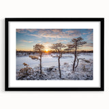 Extra large abstract art print of a colorful European scenery on textured canvas, framed in black.