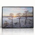 Large abstract wall art depicting a European Estonian scenery in muted gray and blue tones, framed in black acrylic.