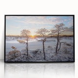 Large abstract wall art depicting a European Estonian scenery in muted gray and blue tones, framed in black acrylic.
