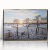 Art Deco poster featuring a European scenery in Estonia with muted gold and blue tones on framed acrylic.