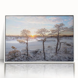 Mid-century modernist art depicting a serene European landscape in muted earth tones on a framed acrylic print.