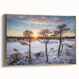 Framed canvas featuring a vintage-style landscape painting of a European scenery in black and gold.