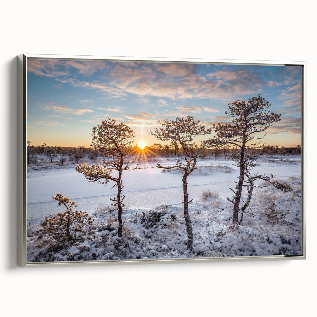 Framed canvas featuring a vintage-style landscape art painting of Estonia, with vibrant colors on a black background.