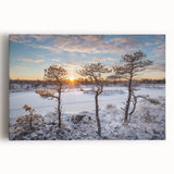 Estonian landscape in black and white on stretched canvas, ideal for kitchen wall art or bedroom ambiance.