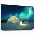 Large abstract wall art depicting a serene Finnish landscape in muted blue and green tones on acrylic glass.
