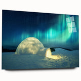 Large abstract wall art of a serene Finnish landscape in muted blues and greens on acrylic glass.