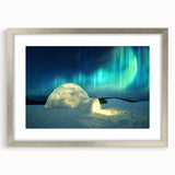 Extra large abstract art print of a serene Finnish landscape in muted blue and gray, framed in silver.