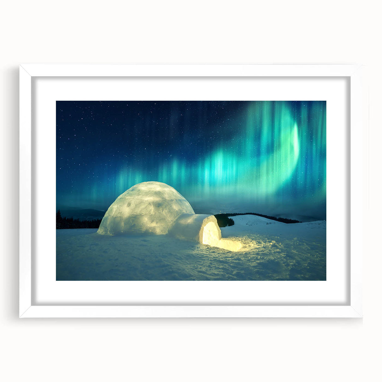 Textured art print of a serene Finnish landscape in muted blue and green tones on a framed white mat.
