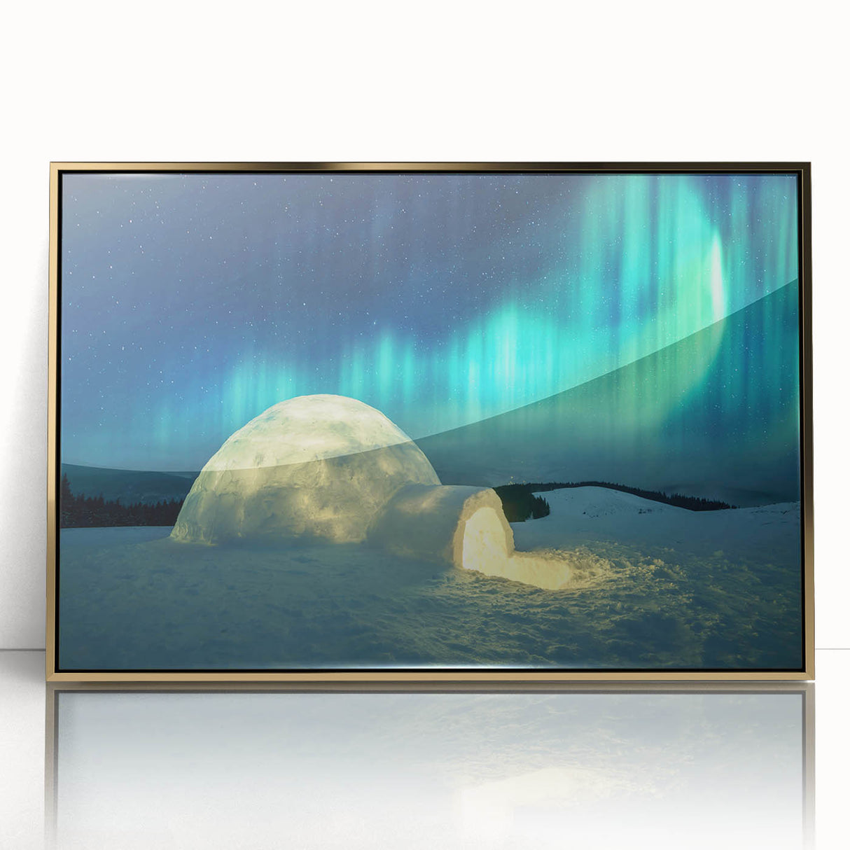 Art Deco style poster of a European scenery in Finland, featuring muted gold and green tones on acrylic framed material.